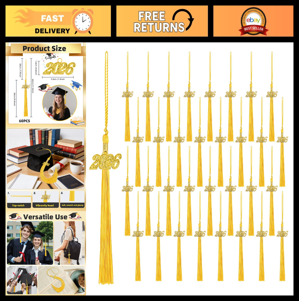 60 Pcs Gold Graduation Cap Tassel Decorations 2026, Grad Party Supplies & Gifts