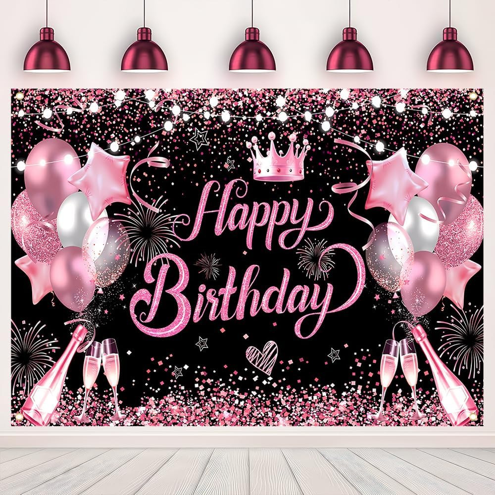 5X3FT Pink and Black Glitter Birthday Decorations Women Happy Birthday Sign