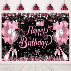 5X3FT Pink and Black Glitter Birthday Decorations Women Happy Birthday Sign