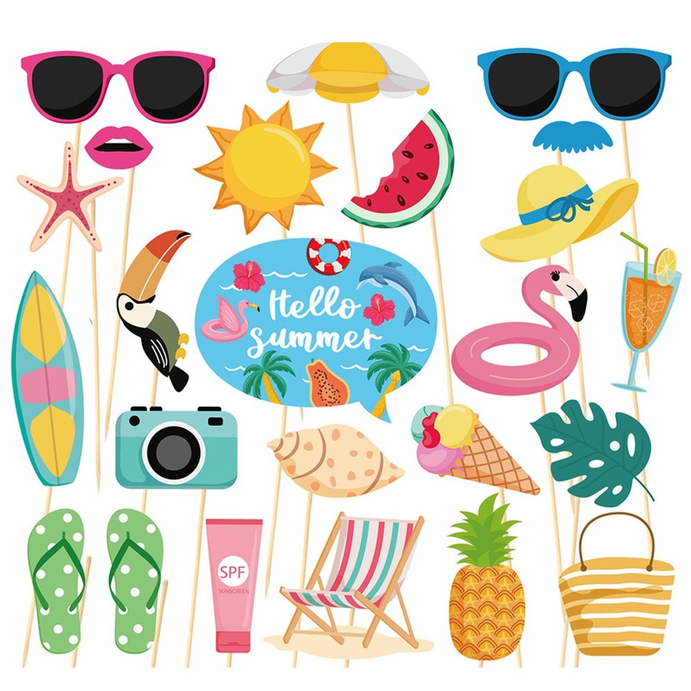 24 Pieces Summer Photo Booth Props Set Beach Party Decorations with Frame Tro…