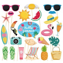 24 Pieces Summer Photo Booth Props Set Beach Party Decorations with Frame Tro…
