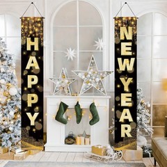 Labeol Happy New Year Banner, 72 x 12 Inch Large Front Door Black and Gold