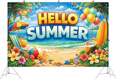 Hello Summer Banner, Tropical Beach Photo Backdrop for Summer Party Decorations,