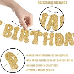 Happy Birthday Banner – Pre-strung, 10 Feet | Gold Happy Birthday Glitter Gold