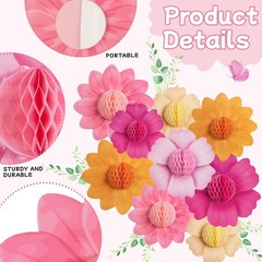 9PCS Hot Pink and Orange Party Decorations Paper Flowers Honeycomb Hanging Large