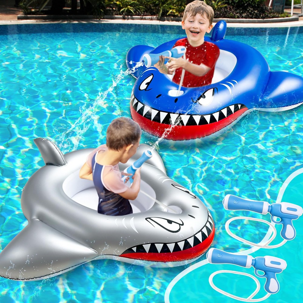 2 Pack Shark Pool Floats Kids Water Guns Summer Outdoor Beach Game Rideon 311