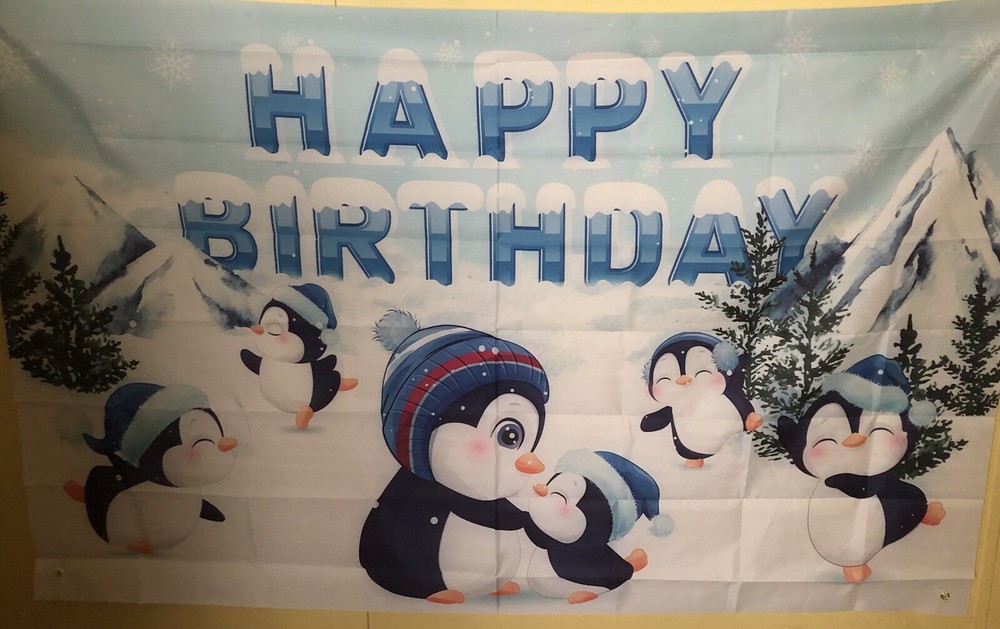 Penguin Birthday Backdrop 3ft X 5ft
