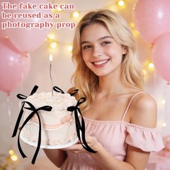 6 Inch Fake Cake With Black Bows Round Artificial Coquette Dessert Decor