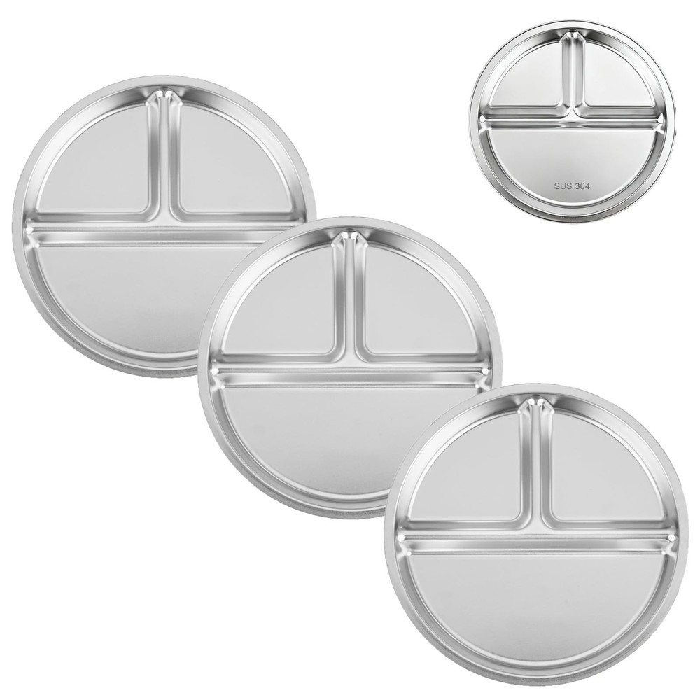 PandaEar 3 Pack Stainless Steel Divided Plates for Kids, 8.1” Onesize, Silver