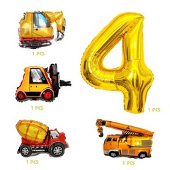 Construction Party Balloons Set, Large 40 Inch Gold Number 4 Balloon and 4 Mi…