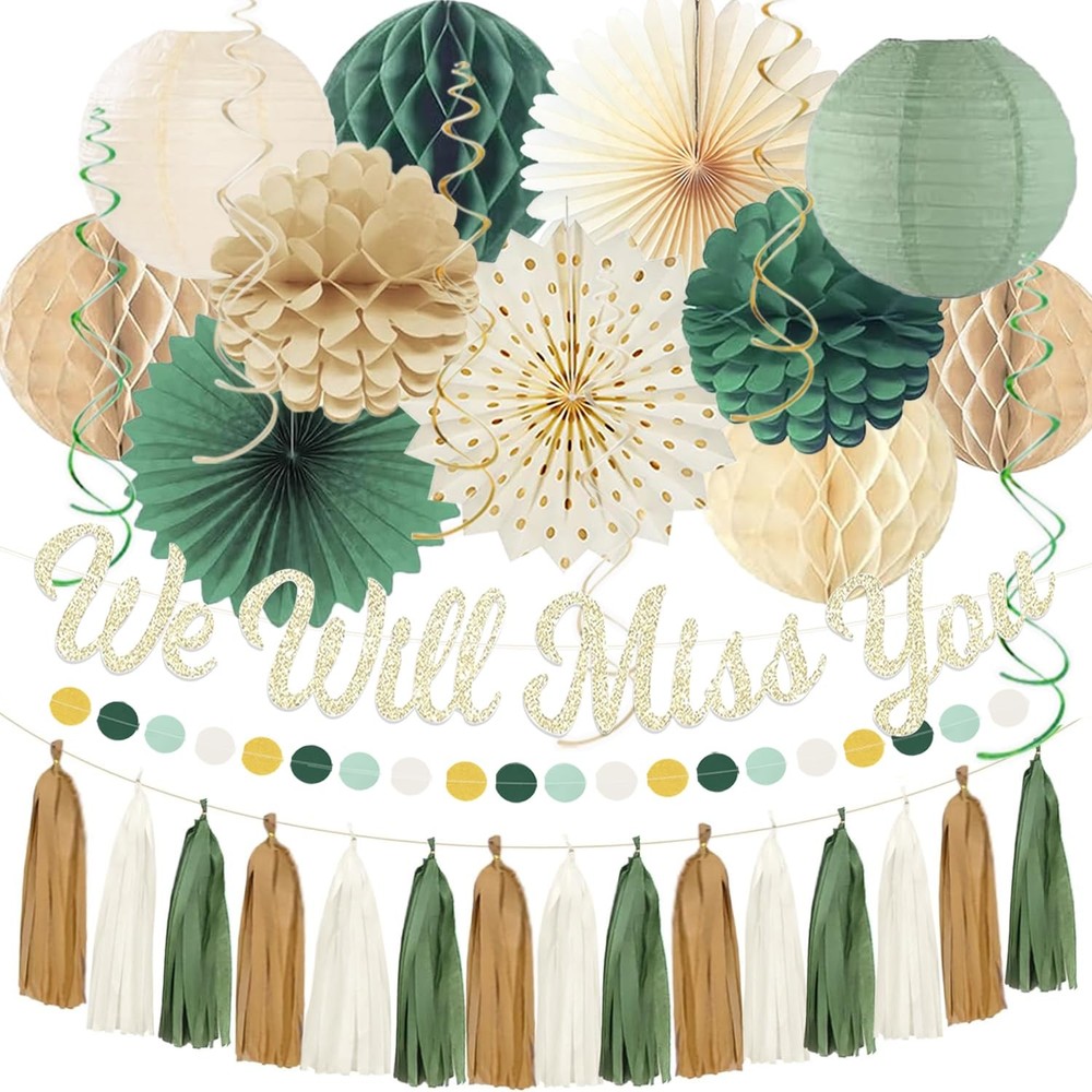 Sage Green Farewell Party Decorations, Gold We Will Miss You Banner Honeycomb…