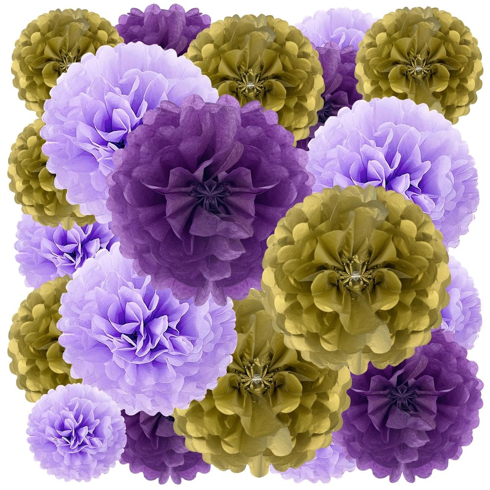 Tissue Pom Poms, Purple Gold Tissue Flowers, Hanging Flower Balls for Wedding…