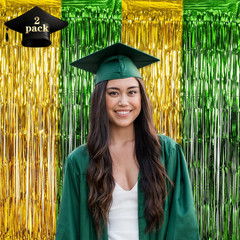 2026 Graduation Party Decorations, 2 Pack Green and Gold 3.3X6.6 Ft Foil Fringe