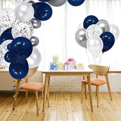 50 Navy Blue and Silver Confetti Balloons White Pearl and Silver Metallic Chrome