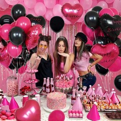 Black and Hot Pink Happy Balloons for , Hot Pink Black Foil Heart and Rose Re…