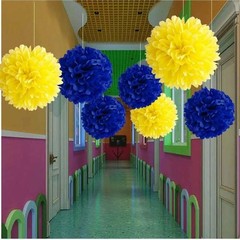 Navy Blue Yellow Tissue Paper Pom Poms Ceiling Wall Hanging 8 10 12 In 12 PCS