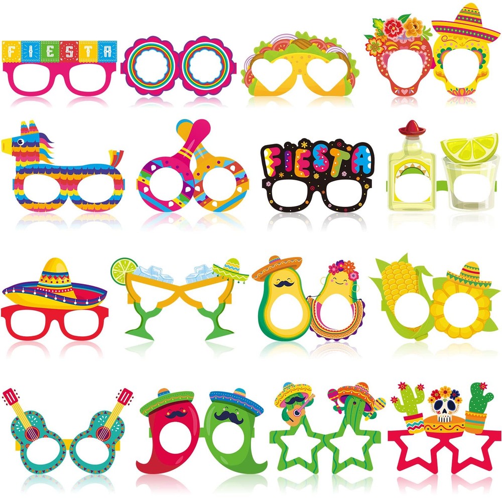 32 Pcs Mexican Fiesta Party Decorations Paper Eyeglasses Taco Cactus Pinata C…