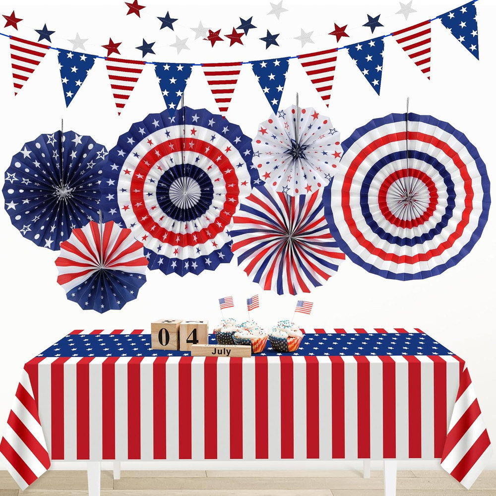 Patriotic 4Th of July Decorations Set,9 Pcs Red White and Blue Paper Fans,Usa Pe