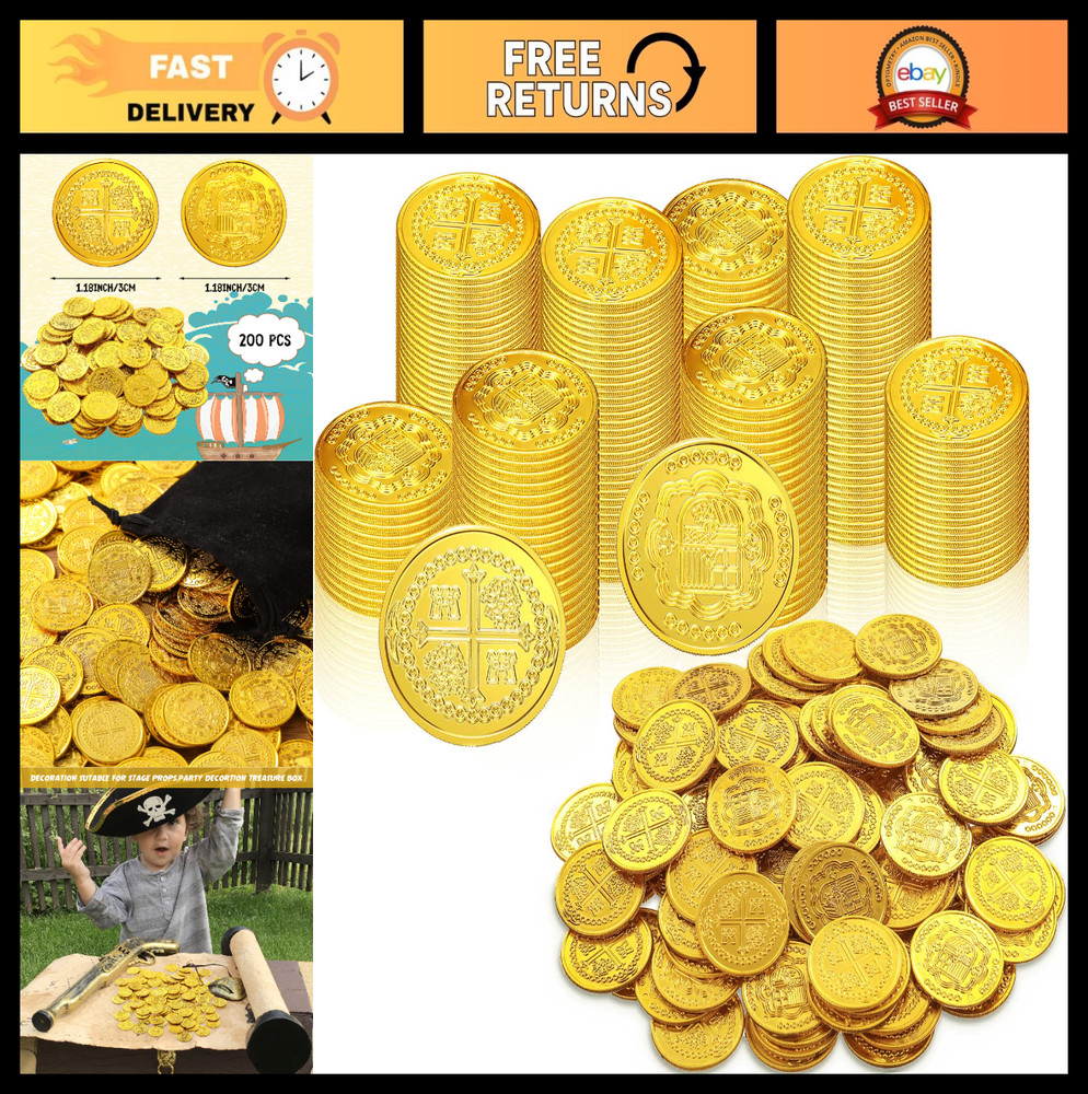 200 Pcs Fake Pirate Gold Coins – Plastic Treasure Coins for Halloween Party, Gas