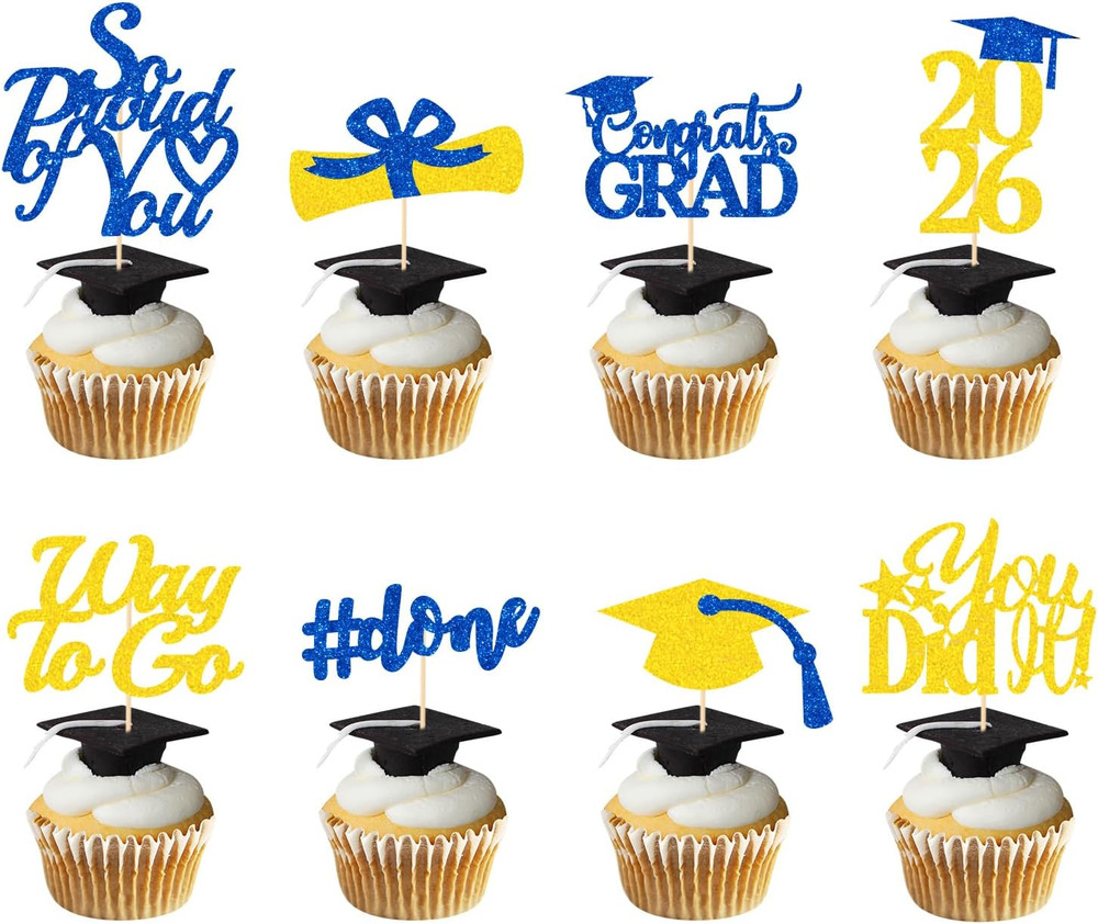 Graduation Decorations 2026 Blue Gold, Graduation Cupcake Toppers 2026 Blue Gold