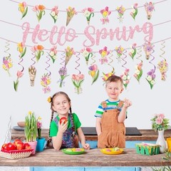 Spring Party Decorations, Hello Spring Hanging Swirls Sign Watercolor Tulip