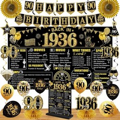 90th Birthday Decorations Kit for Men Women, Black Gold 24PCS Black Gold 90th