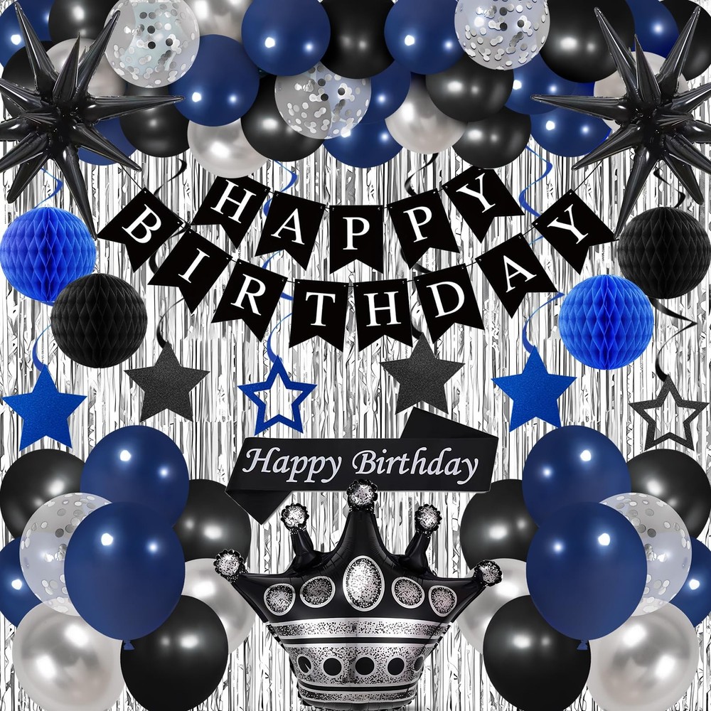 Blue and Black Birthday Decorations for Men Boys Women, 78PCS Blue and Silver…