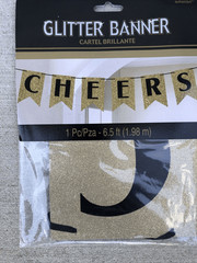 NEW YEAR’S ‘Black Gold Silver» GLITTER BANNER . CHEERS. 6.5 Ft.