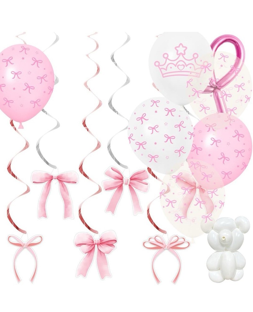 36pc Pink White Bow Coquette Balloons & Hanging Swirl Birthday Decorations Decor