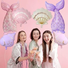 Mermaid Balloons Set – 6PCS Mermaid Tail Seashell Conch Foil Balloons, Pink