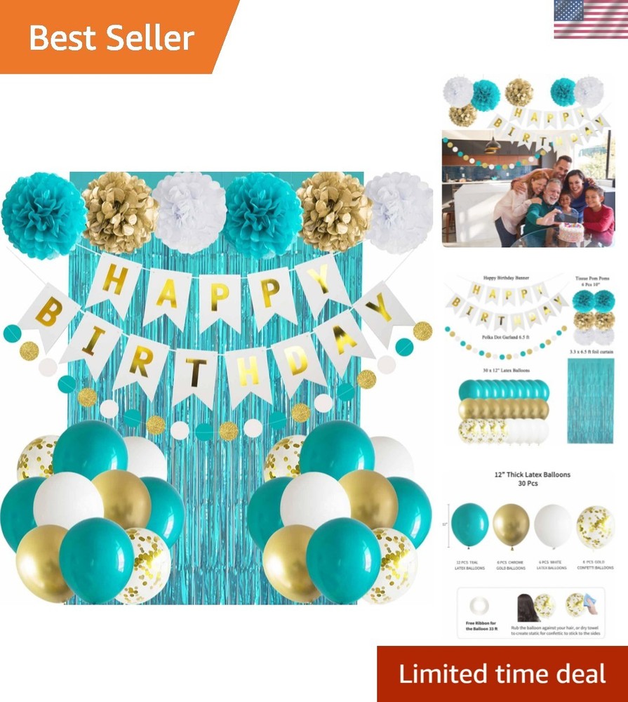 Teal Blue and Gold Happy Birthday Party Decorations Banner Turquoise Aqua Foi…