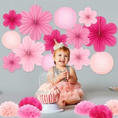 19 Pcs Pink Party Decorations, Light-Hot Pink Hanging Lanterns, Flowers Fans,…