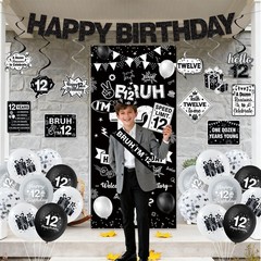12th Birthday Decorations for Boys – Black Party Supplies, Banner, Tablecloth, C