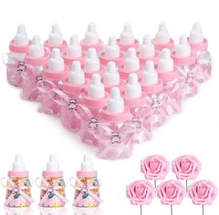 24 Pink Mini Baby Bottle Candy Boxes with 5 Handmade Roses – Baby Shower Favors