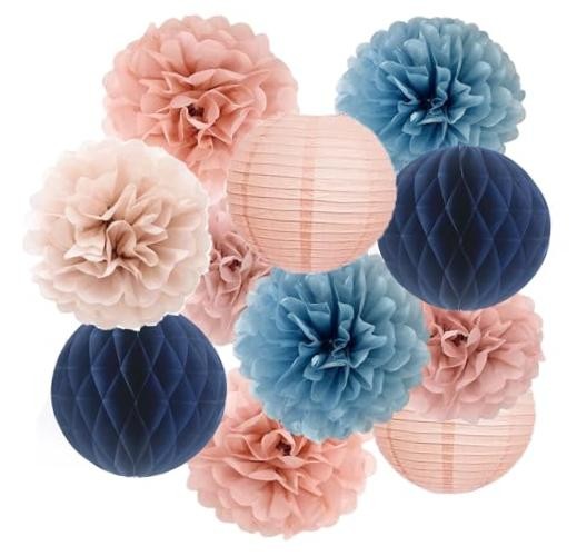 Dusty Pink Blue Hanging Party Decorations with Tissue Dusty Blue + Rose Gold