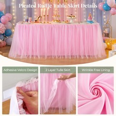 Partisky 14Ft Length Pink Tulle Table Skirt For Rectangle Tables 2-Layer Ruffle