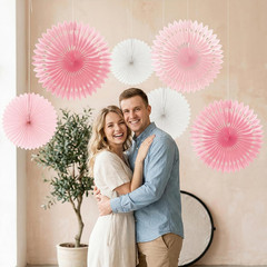 Paper Fan Blush Honeycomb Decorations, 6 Pack Hanging Fans, 12″ & 16″ (3 Each),