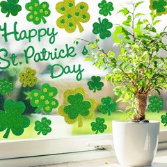 4 Sheet St. Patrick’s Day Window Clings Glitter Green Shamrock Window Decals Dou