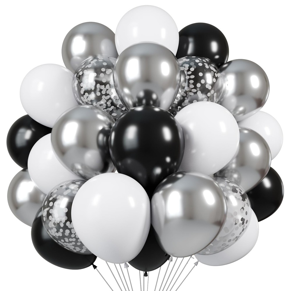 Black and Silver Balloons, 60pcs 12 Inches Black White Silver Confetti Balloo…