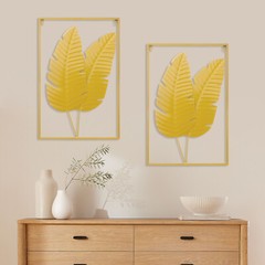 2PCS Wall Decorations Gold Iron Leaf Wall Hanging Home Decor w/Frame Wall Decor