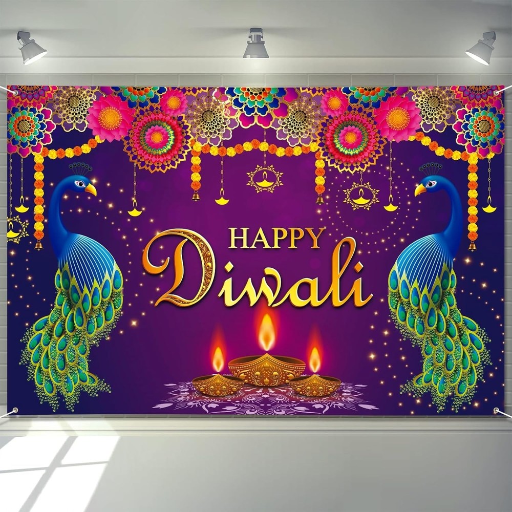 Extra Large Happy Diwali Banner 72″ x 48″ India Festival of Lights Peacock