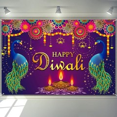 Extra Large Happy Diwali Banner 72″ x 48″ India Festival of Lights Peacock