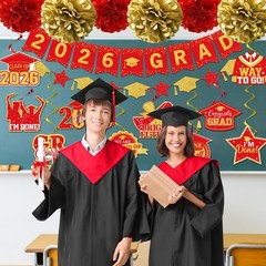 Red and Gold Graduation Decorations, 2026 Grad Banner Congrats Red&gold