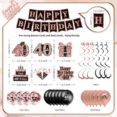 40Th Birthday Decorations for Women,52Pcs PRE-STRUNG Rose Gold Black Party Set-4
