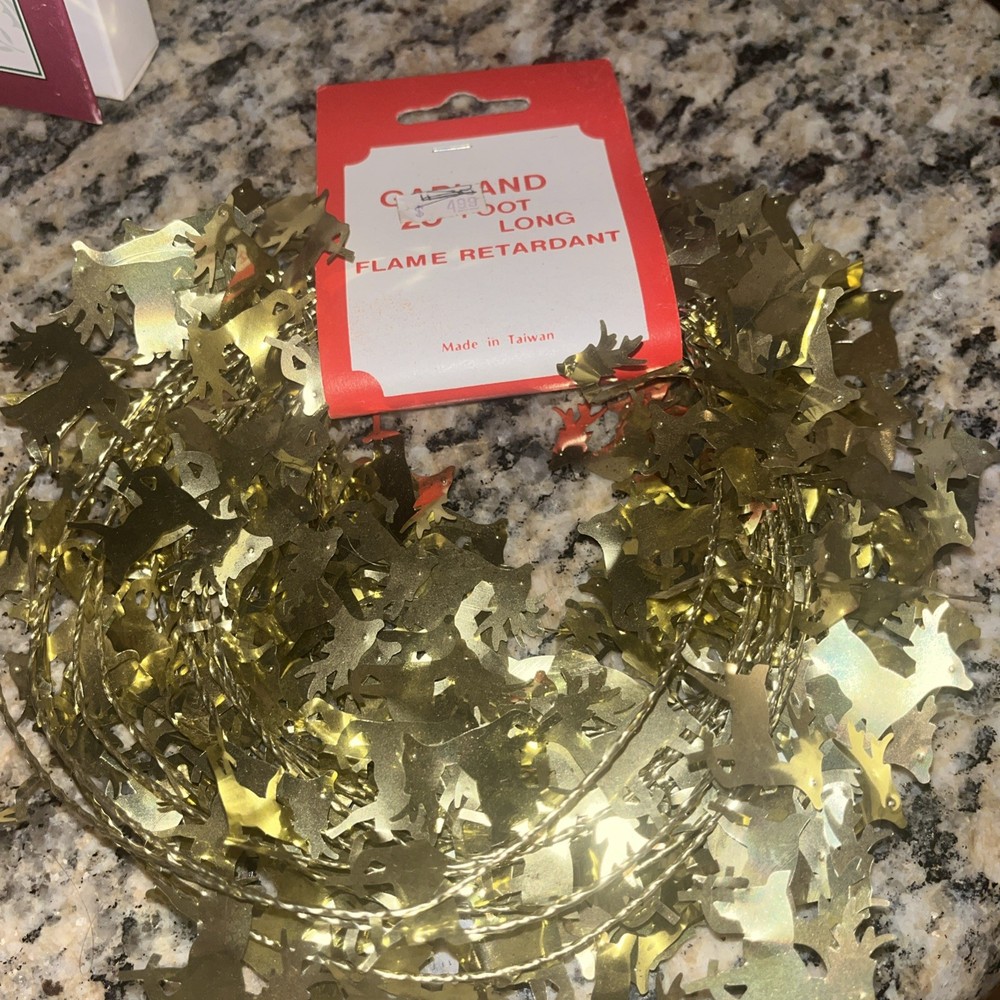 Vintage Gold Reindeer Tinsel Garland 20 feet Christmas Decor Flame Retardant MCM