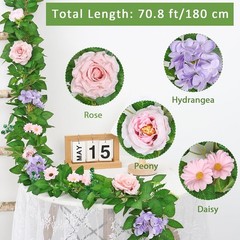 2PCS Artificial Flower Garlands 6FT Fake Silk Rose Vine Hanging Rose Ivy Vines