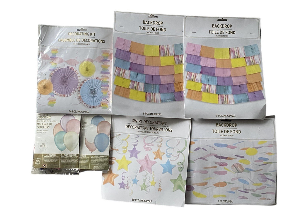 Pastel Party Decorations Lot Backdrops Balloons Fans Streamers NEW