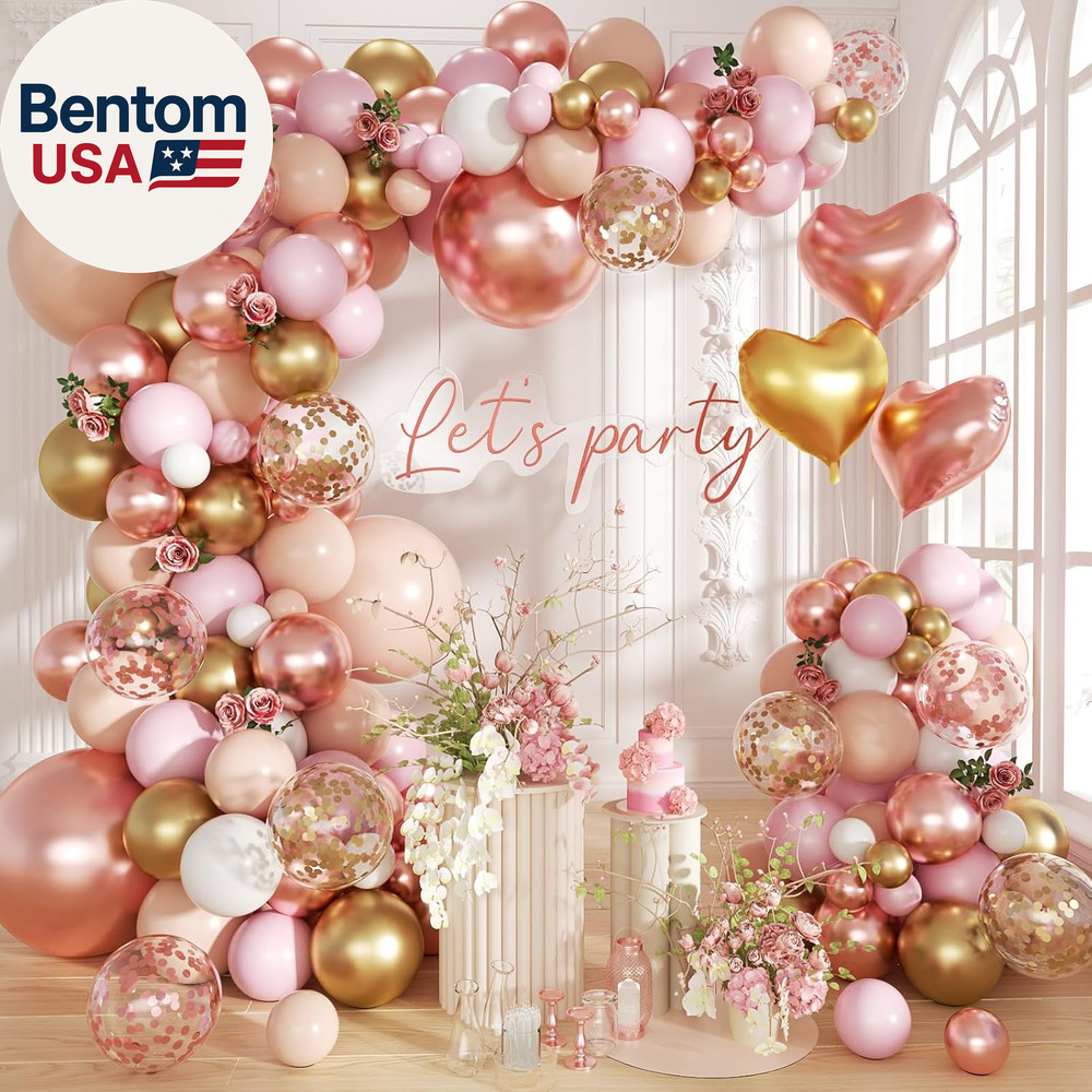 Rose Gold Balloon Garland Arch Kit, 140Pcs Nude Pastel Pink Metallic Gold White