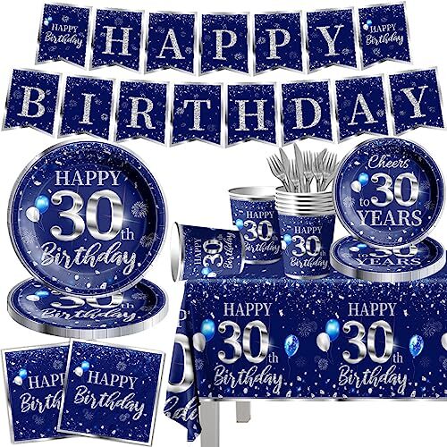 142 Pcs 30th Birthday Tableware Set Decorations Sliver and Blue 30th Happy Bi…