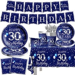 142 Pcs 30th Birthday Tableware Set Decorations Sliver and Blue 30th Happy Bi…